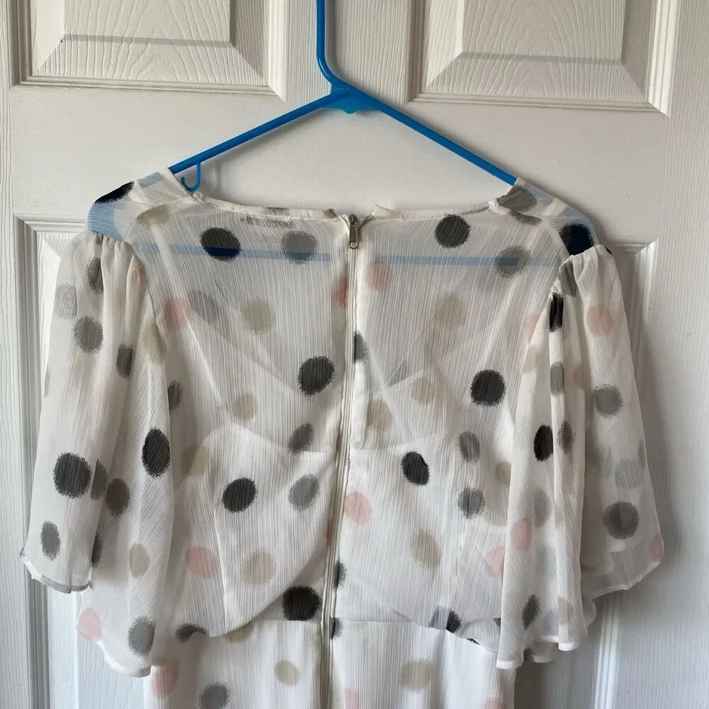 Calvin Klein Womens Chiffon Flutter Shift Dress Ivory Multi size 10 Polka Dot